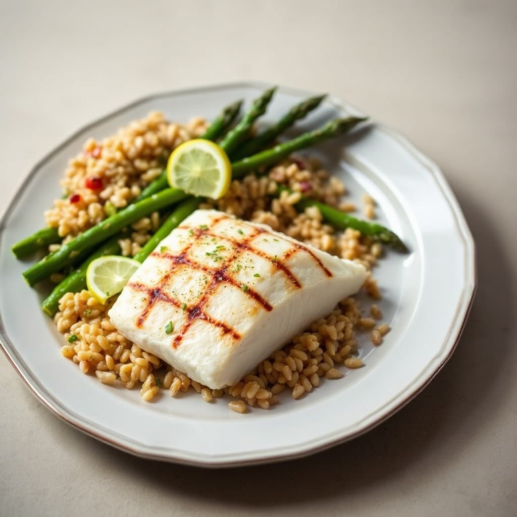 Lemon-Garlic Grilled Halibut with Roasted Asparagus and Farro