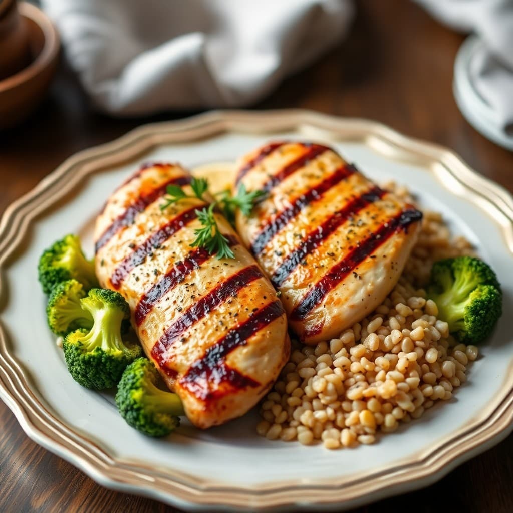 Grilled Lemon Pepper Chicken with Roasted Garlic Broccoli and Farro