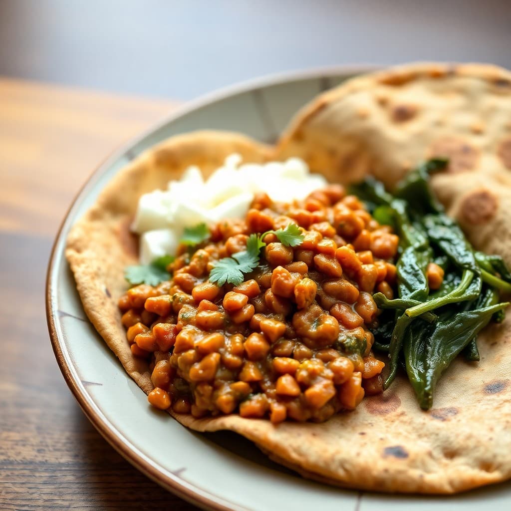Ethiopian Misir Wat with Injera & Garlicky Collard Greens