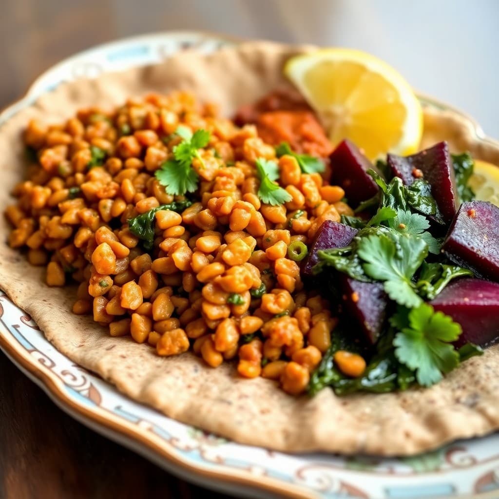 Ethiopian Spiced Lentil & Collard Green Injera Platter with Roasted Beets
