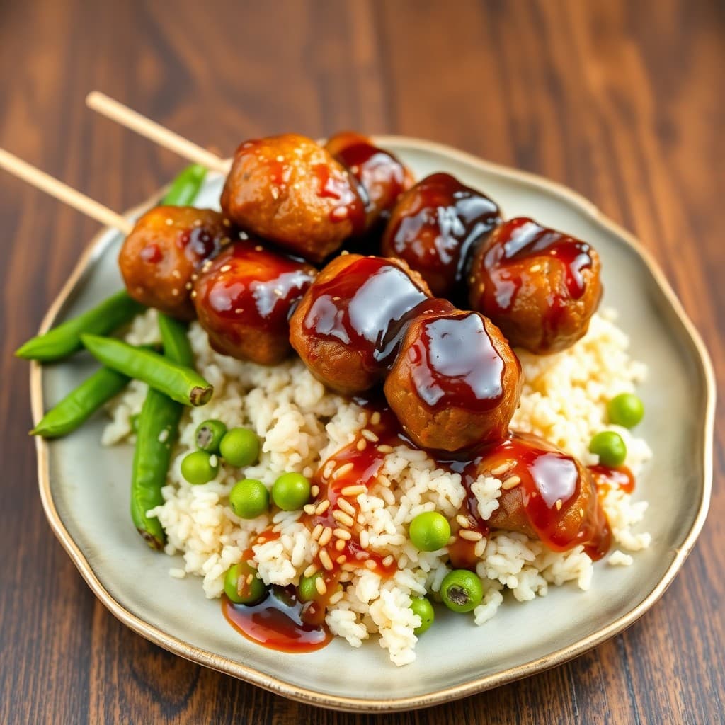 Japanese Teriyaki Pork Meatball Skewers with Sesame Edamame Rice