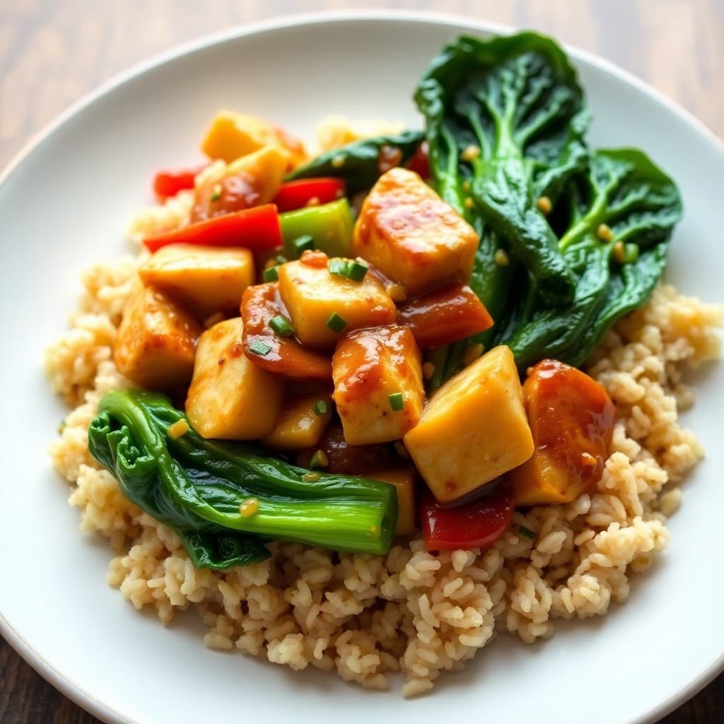 Teriyaki Chicken Stir-Fry with Garlic Bok Choy and Brown Rice