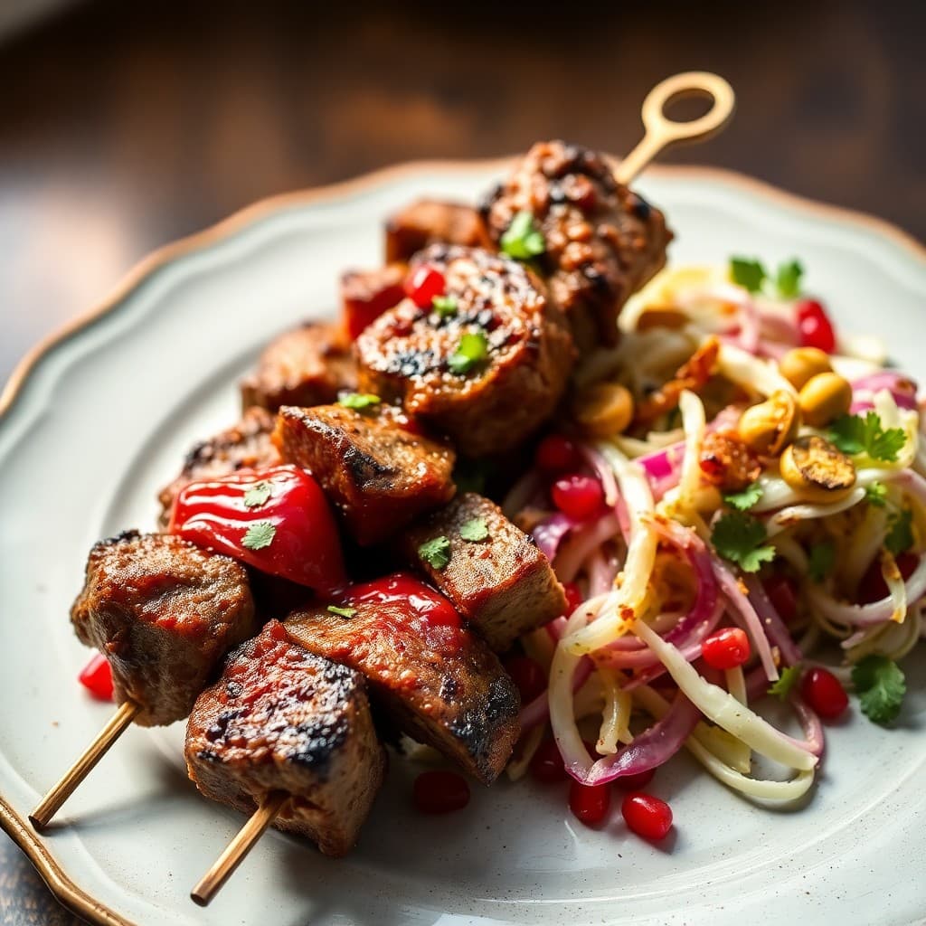 Moroccan-Spiced Lamb Kebabs with Pomegranate Glaze & Charred Fennel Slaw