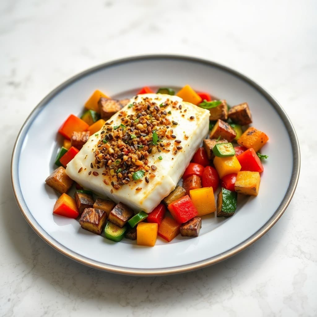 Mediterranean Baked Halibut with Roasted Veggie Medley