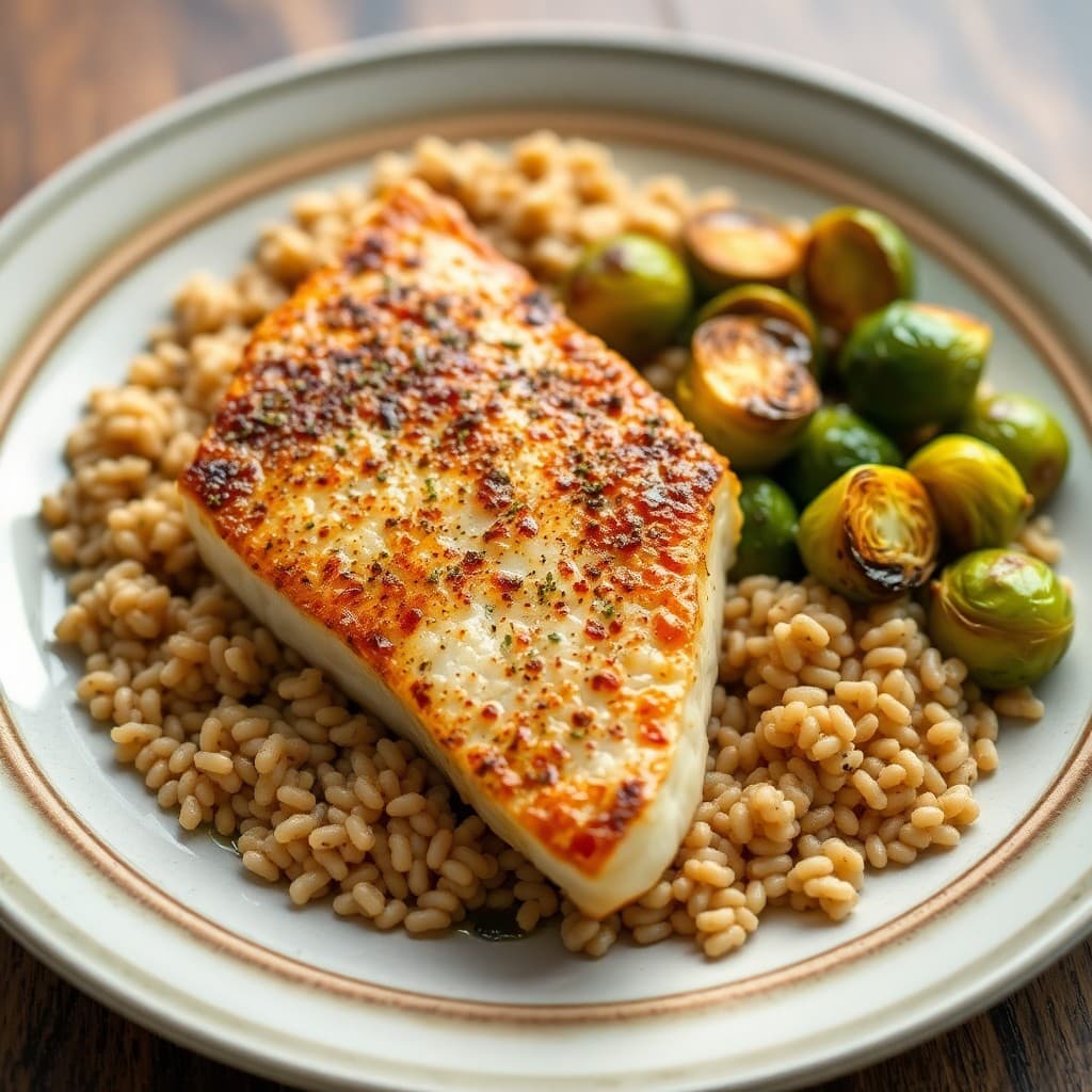 Seared Ginger-Garlic Halibut with Roasted Balsamic Brussels Sprouts and Farro