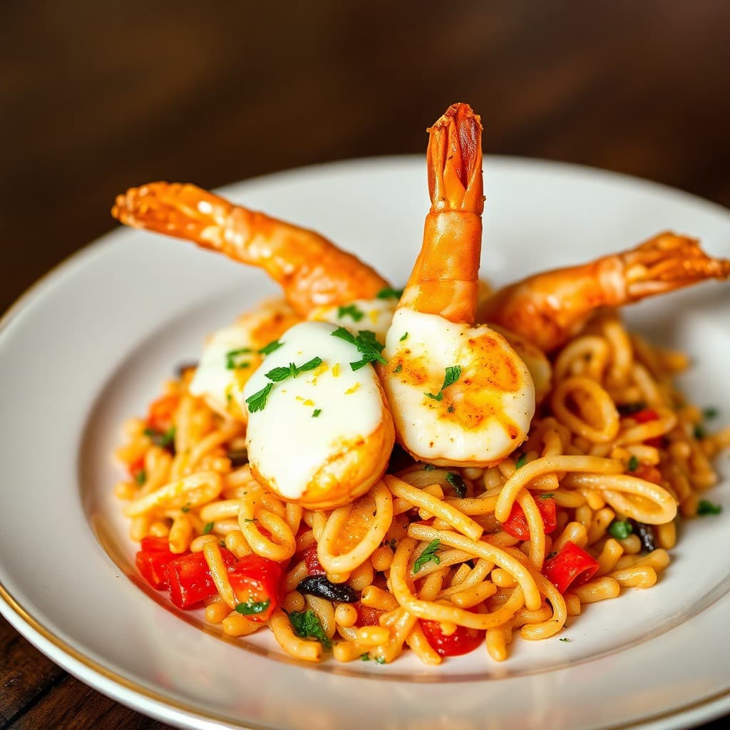 Pan-Seared Shrimp Saganaki with Crispy Halloumi & Charred Tomato Orzo