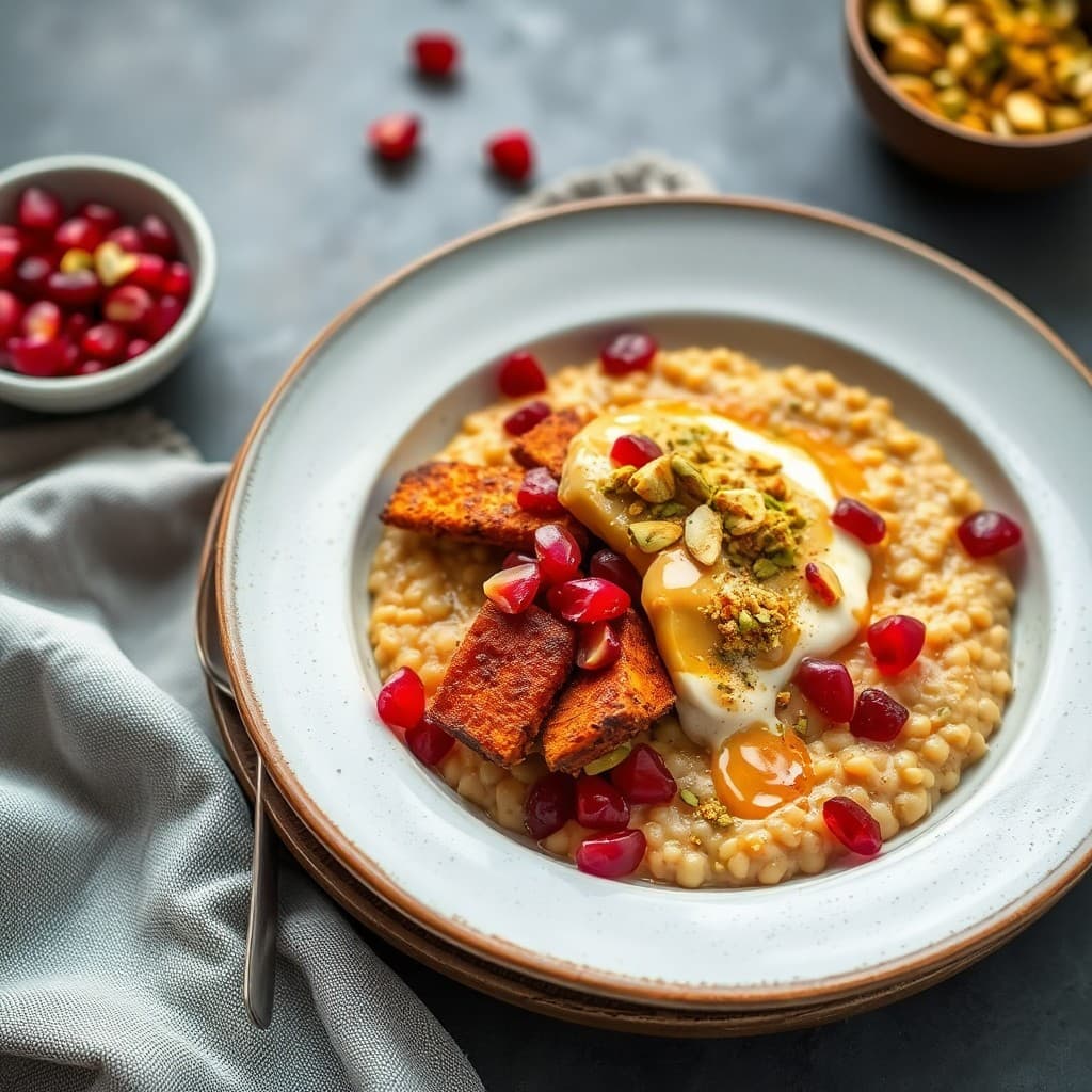 Moroccan-Spiced Tempeh & Millet Breakfast Porridge with Pomegranate & Pistachio Crunch