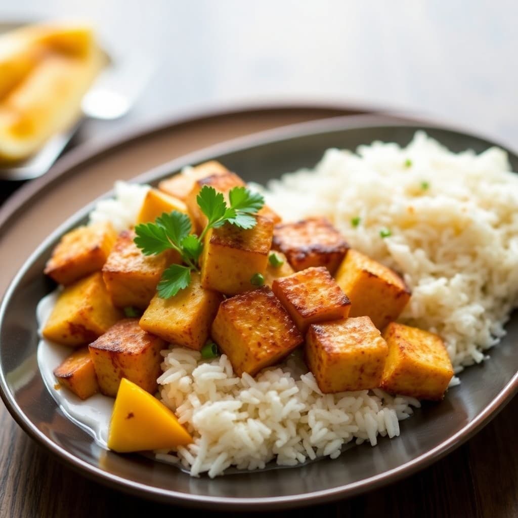 Thai-Inspired Crispy Tofu with Coconut Rice & Mango