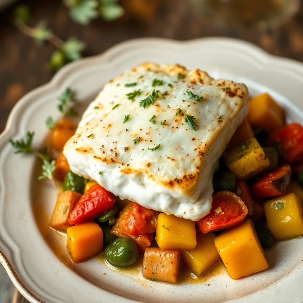 Mediterranean Baked Cod with Roasted Veggie Medley