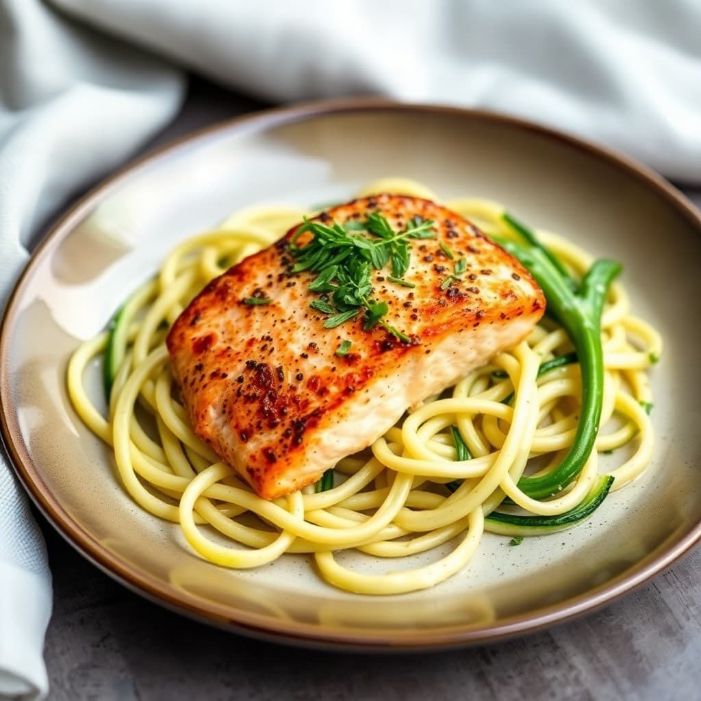 Roasted Salmon with Creamy Garlic Zucchini Noodles
