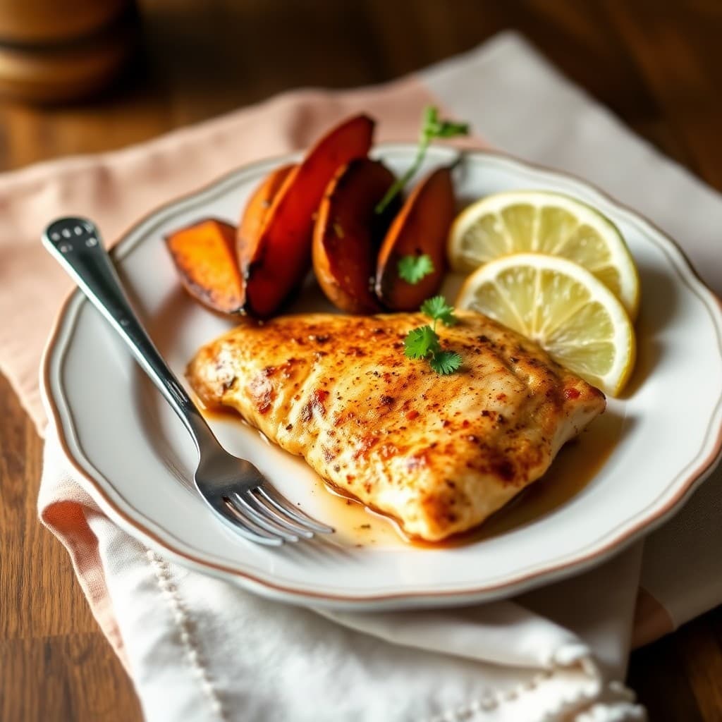 Seared Chili-Lime Tilapia with Roasted Sweet Potato Wedges