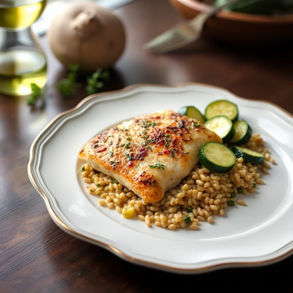 Seared Garlic-Herb Tilapia with Roasted Zucchini and Farro