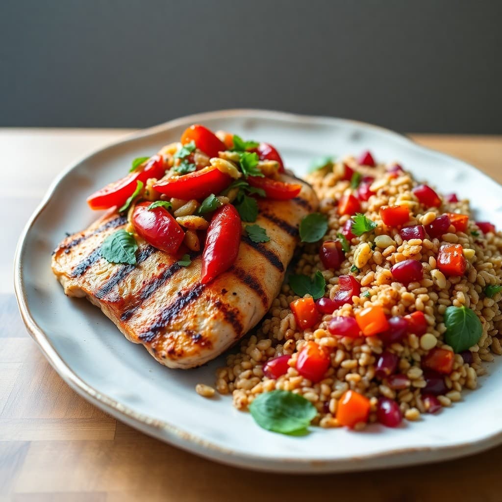 Mediterranean Grilled Chicken with Roasted Red Pepper & Herb Farro Salad