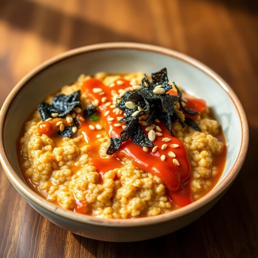 Korean Tempeh & Millet Breakfast Porridge with Gochujang Drizzle & Crispy Seaweed