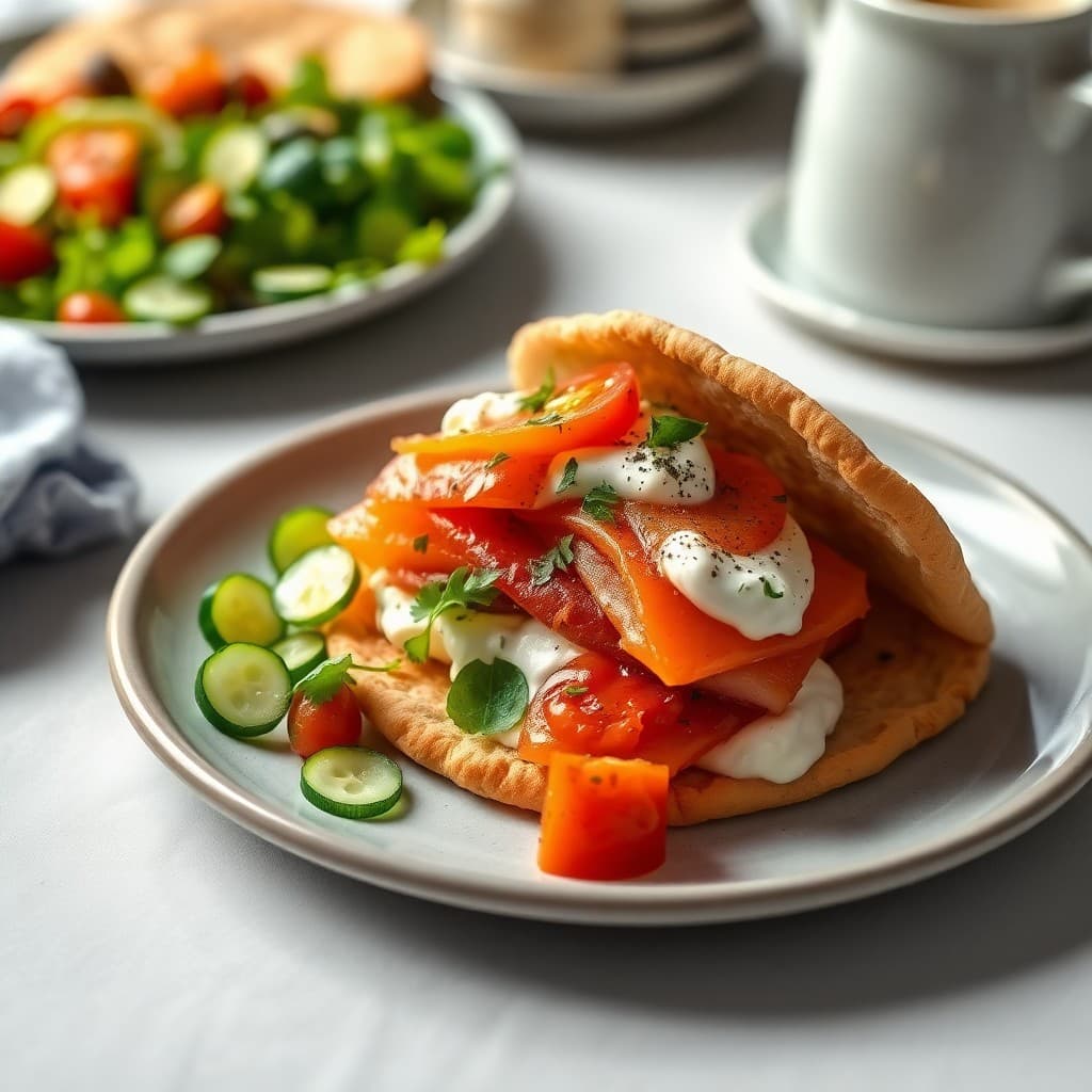 Greek Smoked Salmon & Whipped Feta Breakfast Pita with Roasted Tomato Compote