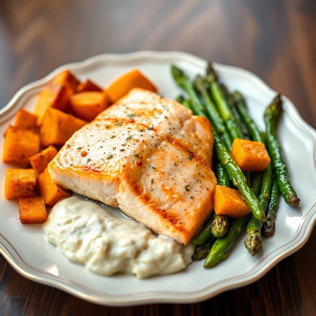 Seared Salmon with Roasted Sweet Potatoes and Asparagus