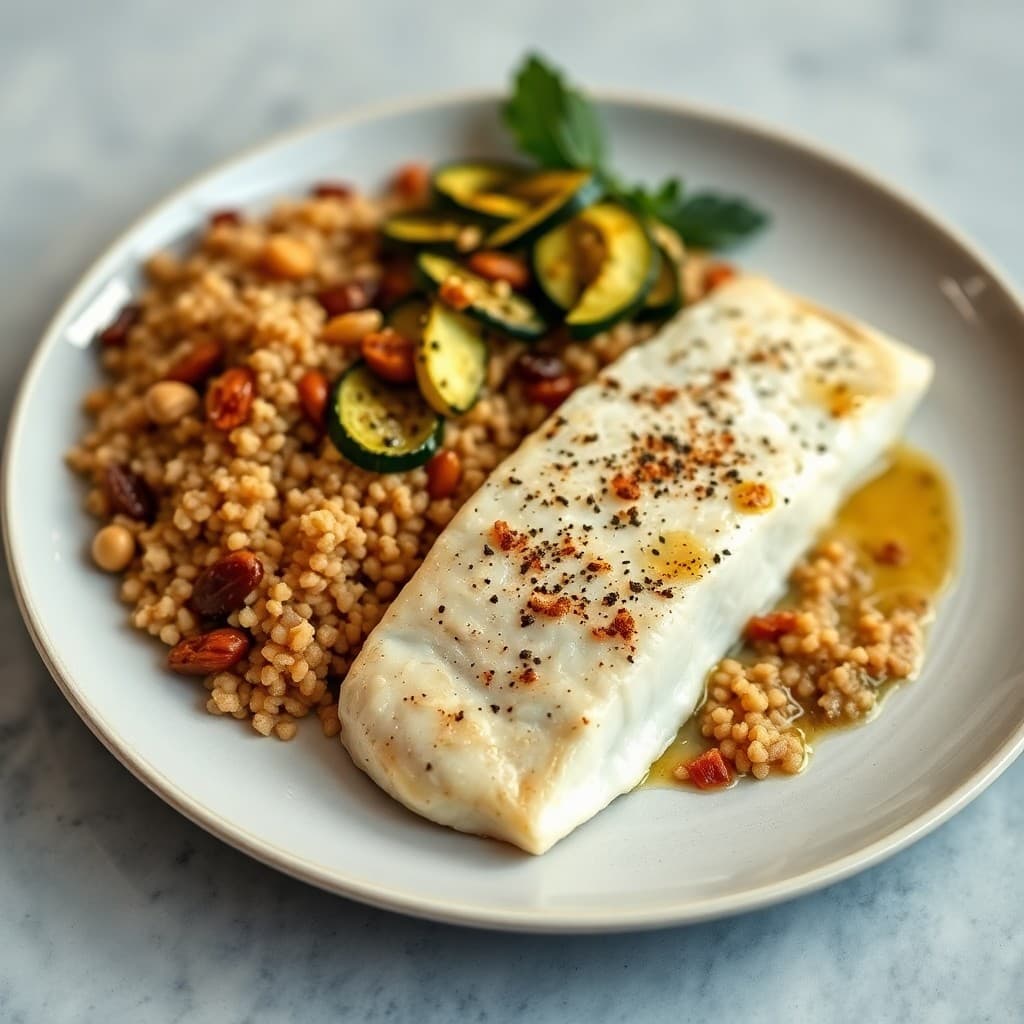 Turkish Pan-Seared Halibut with Charred Zucchini & Bulgur Wheat Pilaf