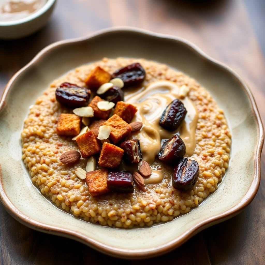 Moroccan Spiced Tempeh & Millet Breakfast Porridge with Charred Dates & Almond Butter Drizzle
