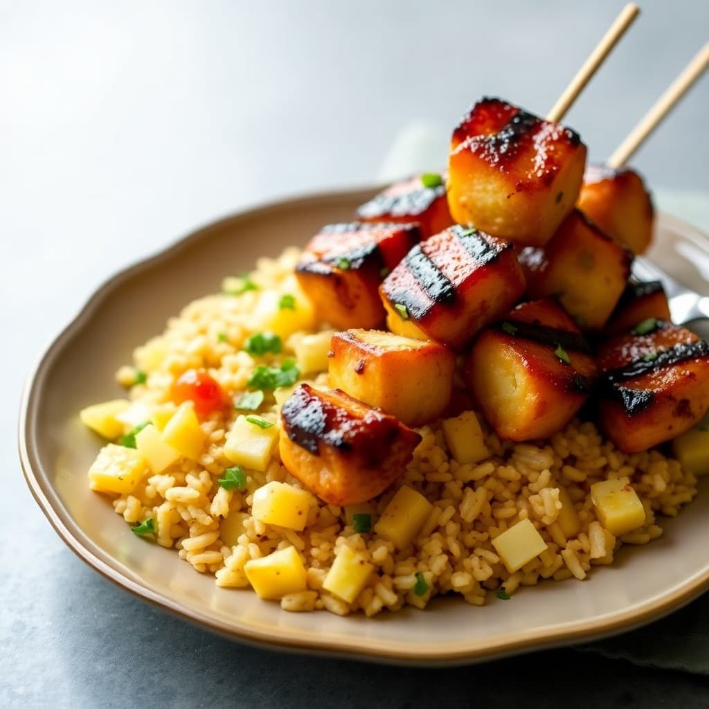Grilled Teriyaki Chicken Skewers with Pineapple Fried Rice