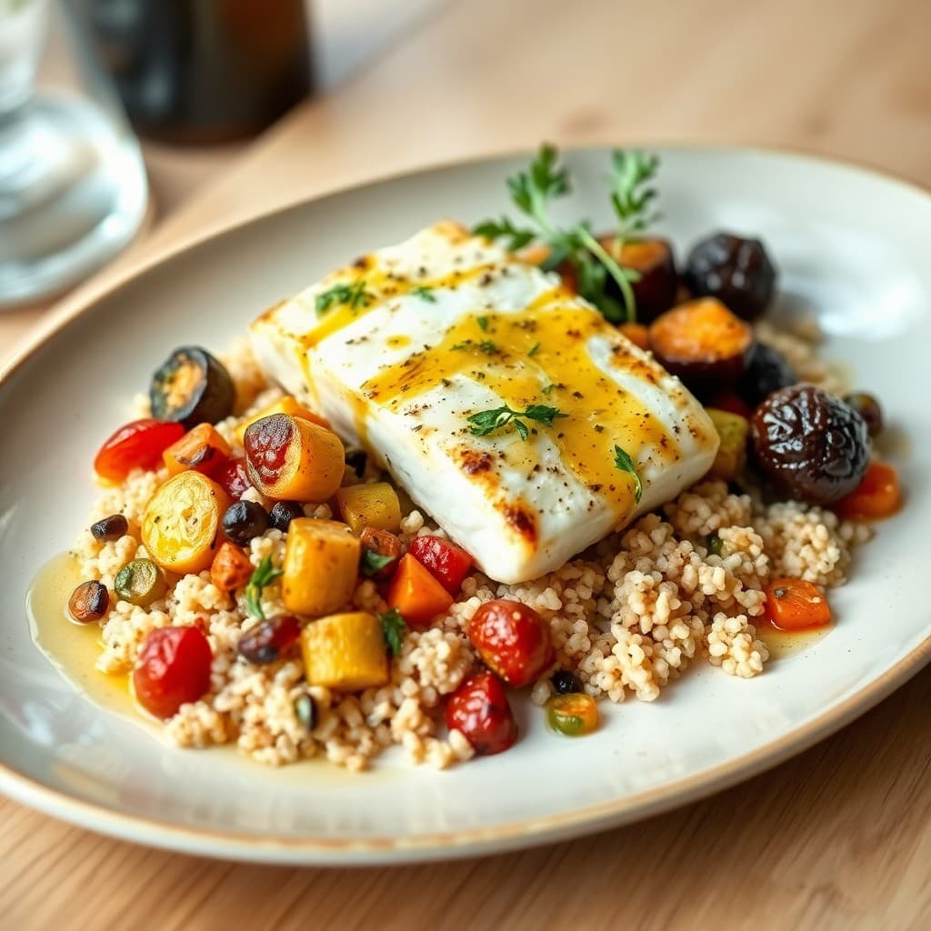 Mediterranean Baked Cod with Quinoa and Roasted Vegetables