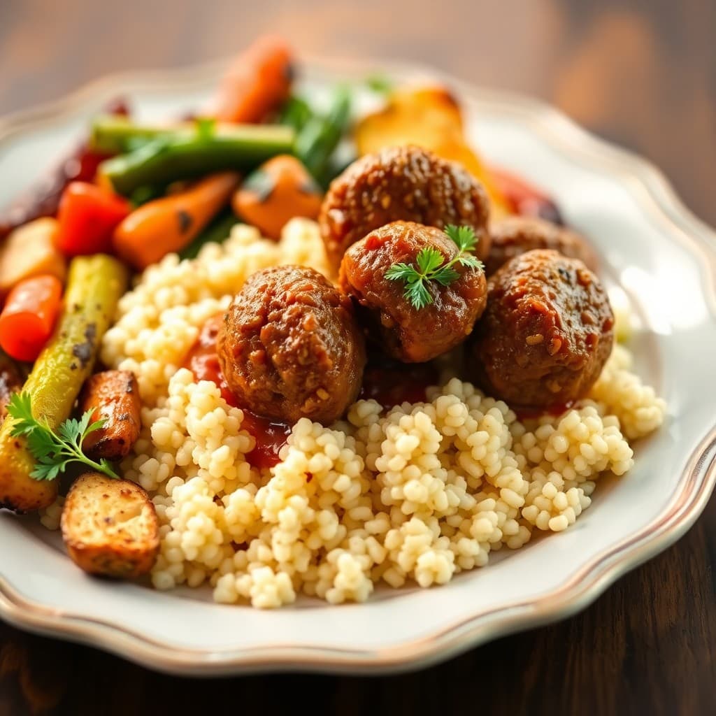 Moroccan Spiced Lamb Meatballs with Couscous and Roasted Veggies