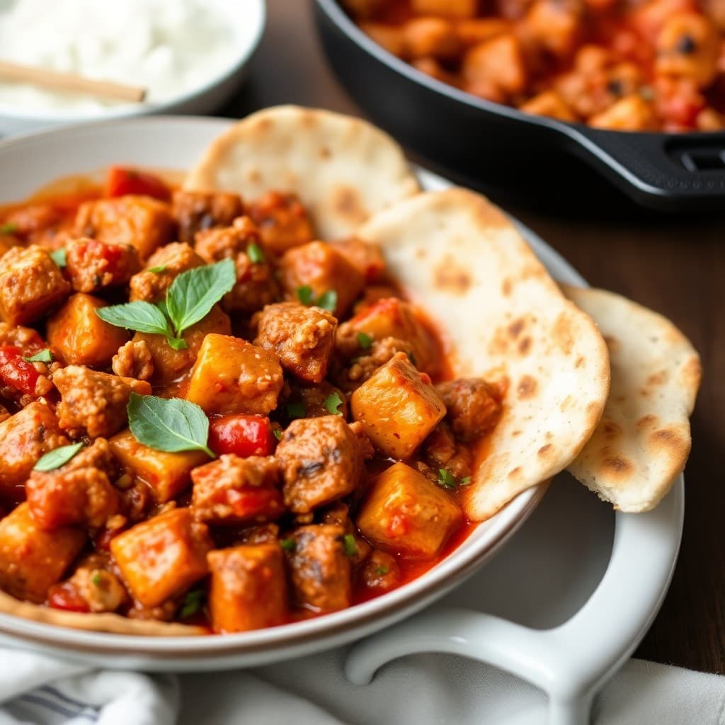 Turkish-Spiced Seitan & Walnut Shakshuka with Crispy Sage Flatbread