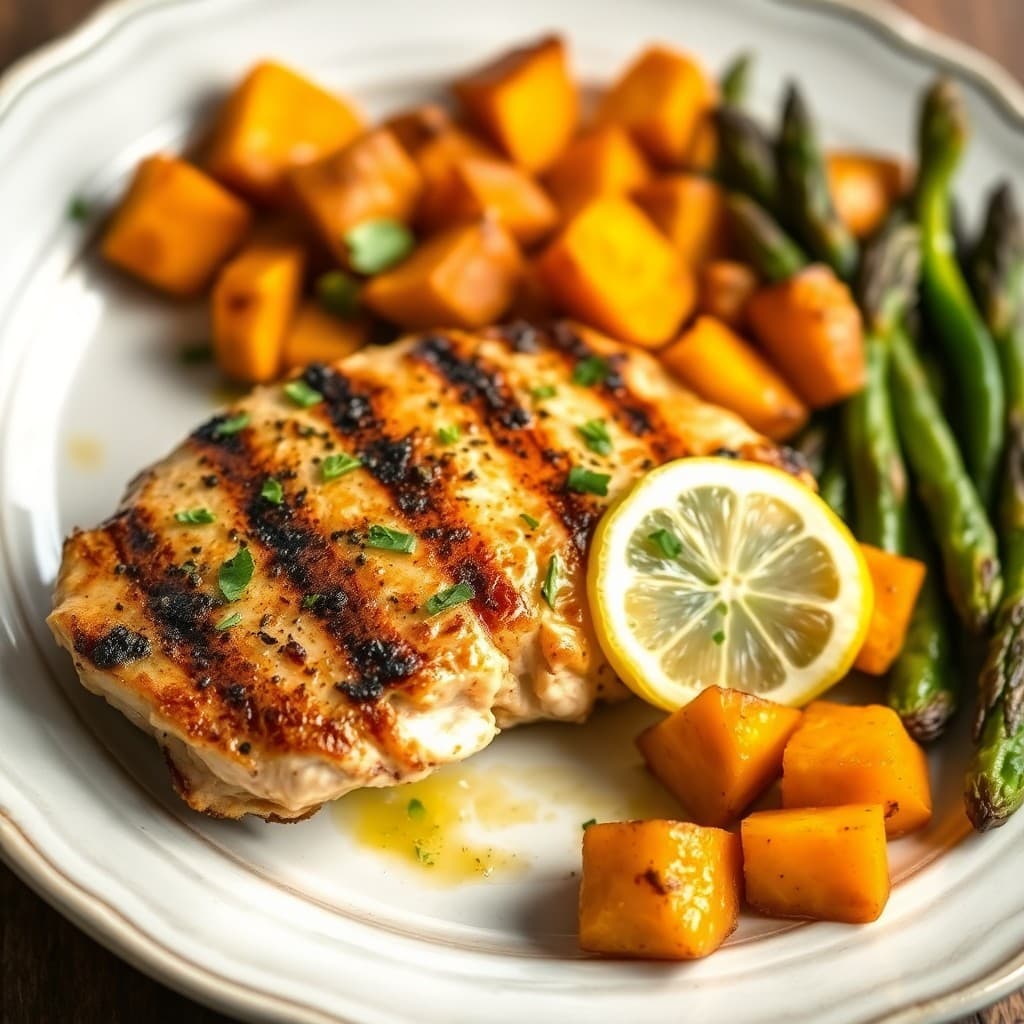 Grilled Lemon-Herb Chicken with Roasted Sweet Potato and Asparagus Salad