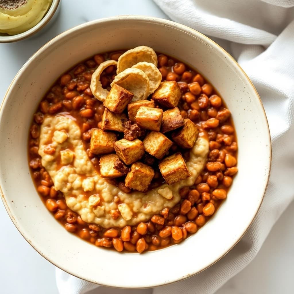 Ethiopian Misir Wat Breakfast Porridge with Crispy Tempeh & Injera Strips
