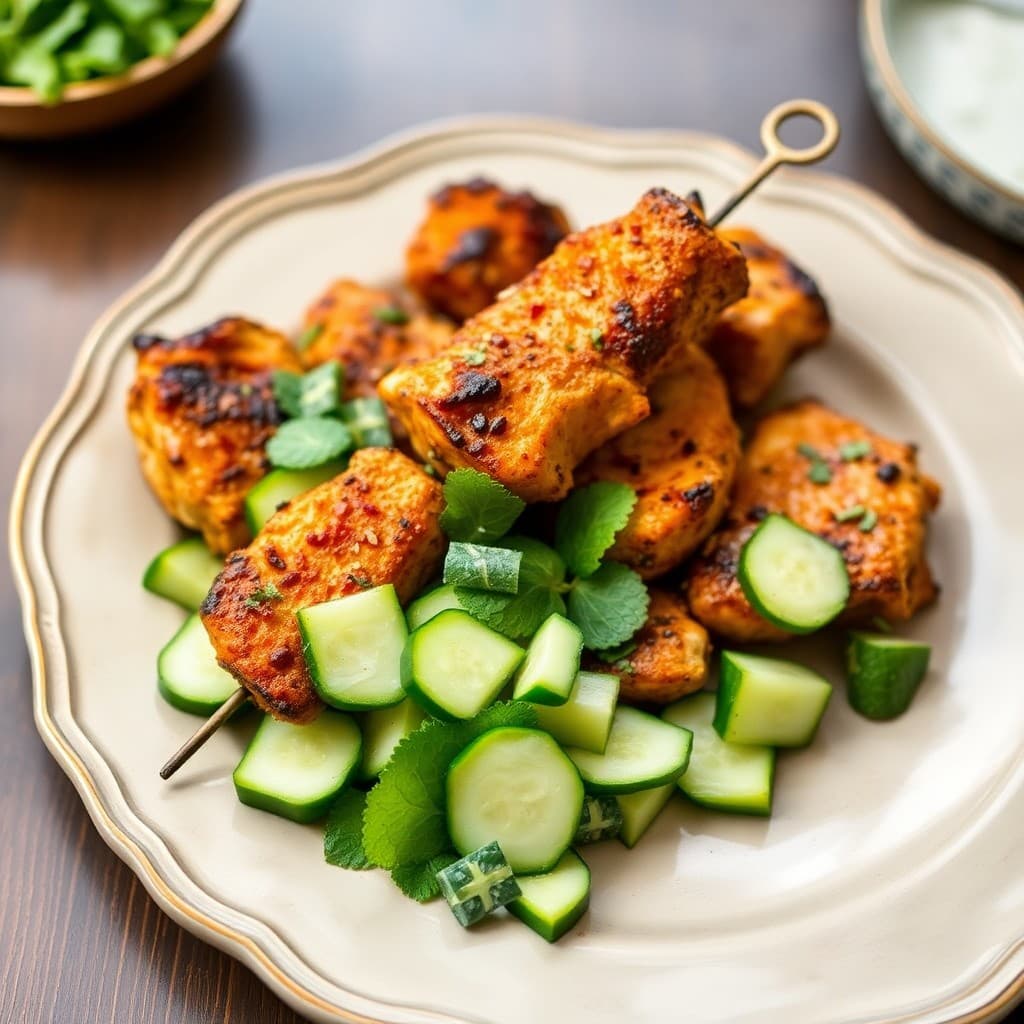 Moroccan-Spiced Chicken Skewers with Cucumber Mint Salad