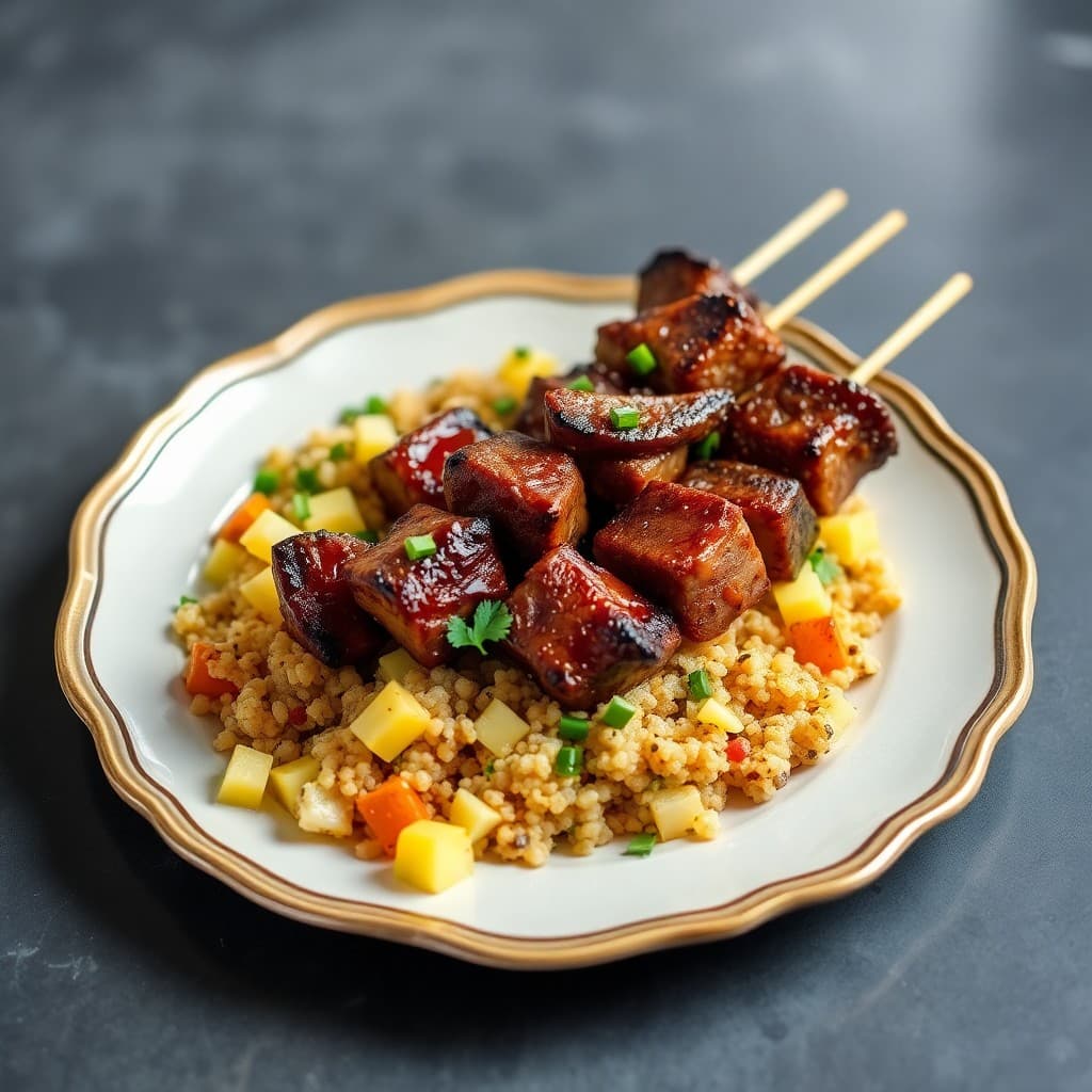 Teriyaki Beef Skewers with Pineapple Fried Quinoa