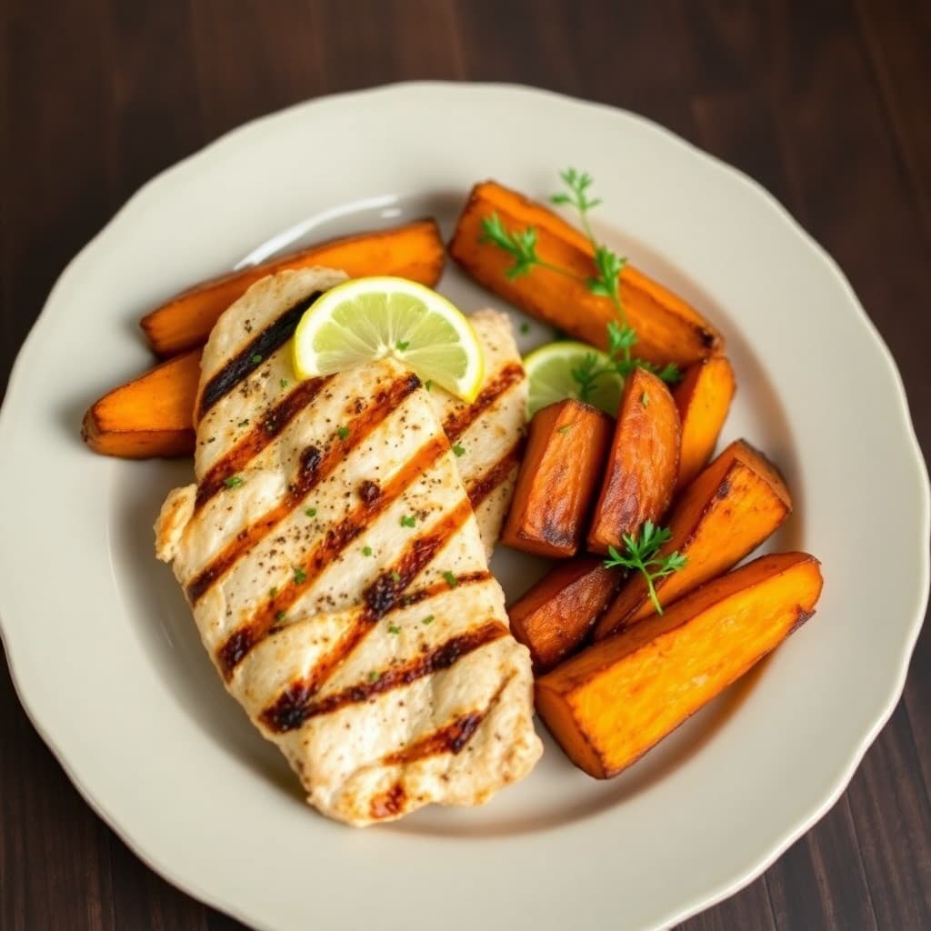 Grilled Lemon Garlic Chicken with Roasted Sweet Potato Wedges