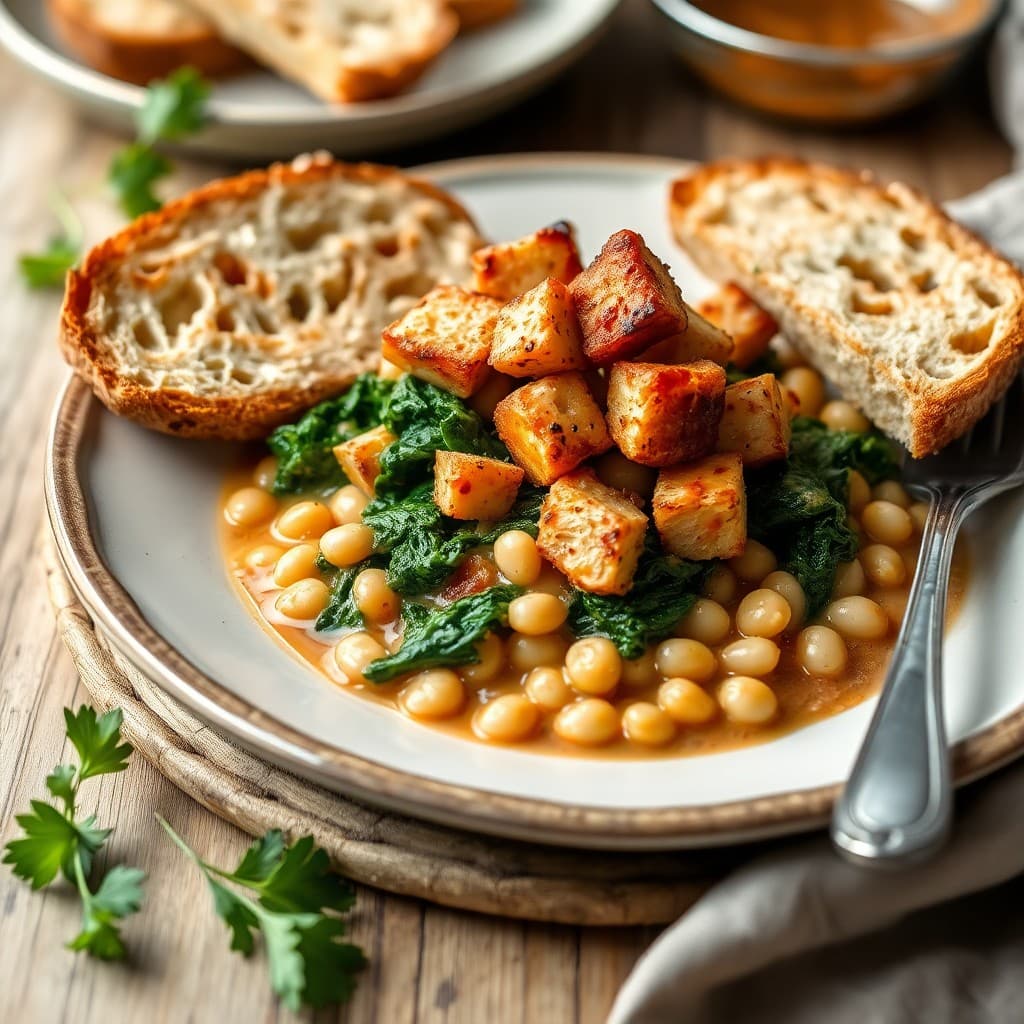 Portuguese White Bean & Kale Braise with Crispy Tempeh & Crusty Bread
