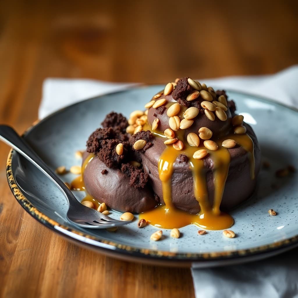 Ethiopian Injera-Crusted Chocolate Mousse with Tahini Caramel