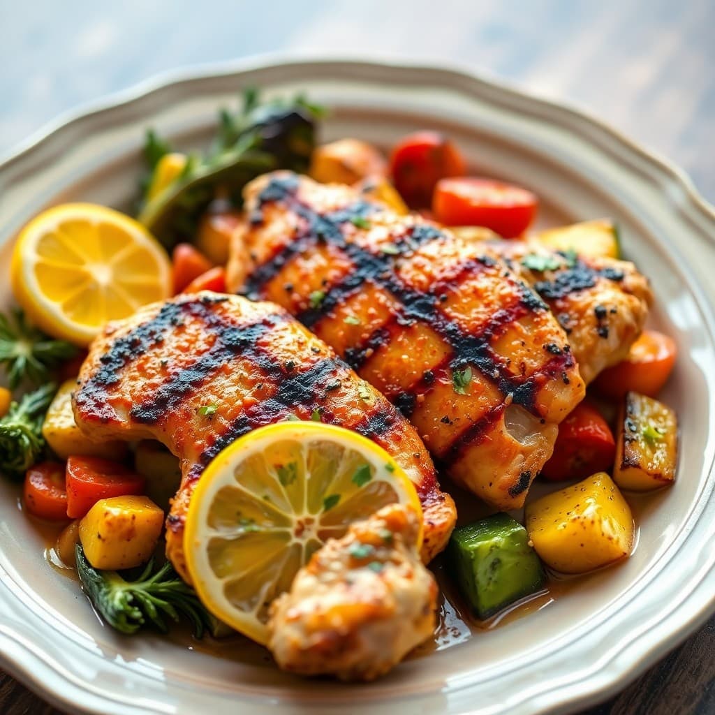 Grilled Mediterranean Chicken with Lemon-Garlic Roasted Vegetables