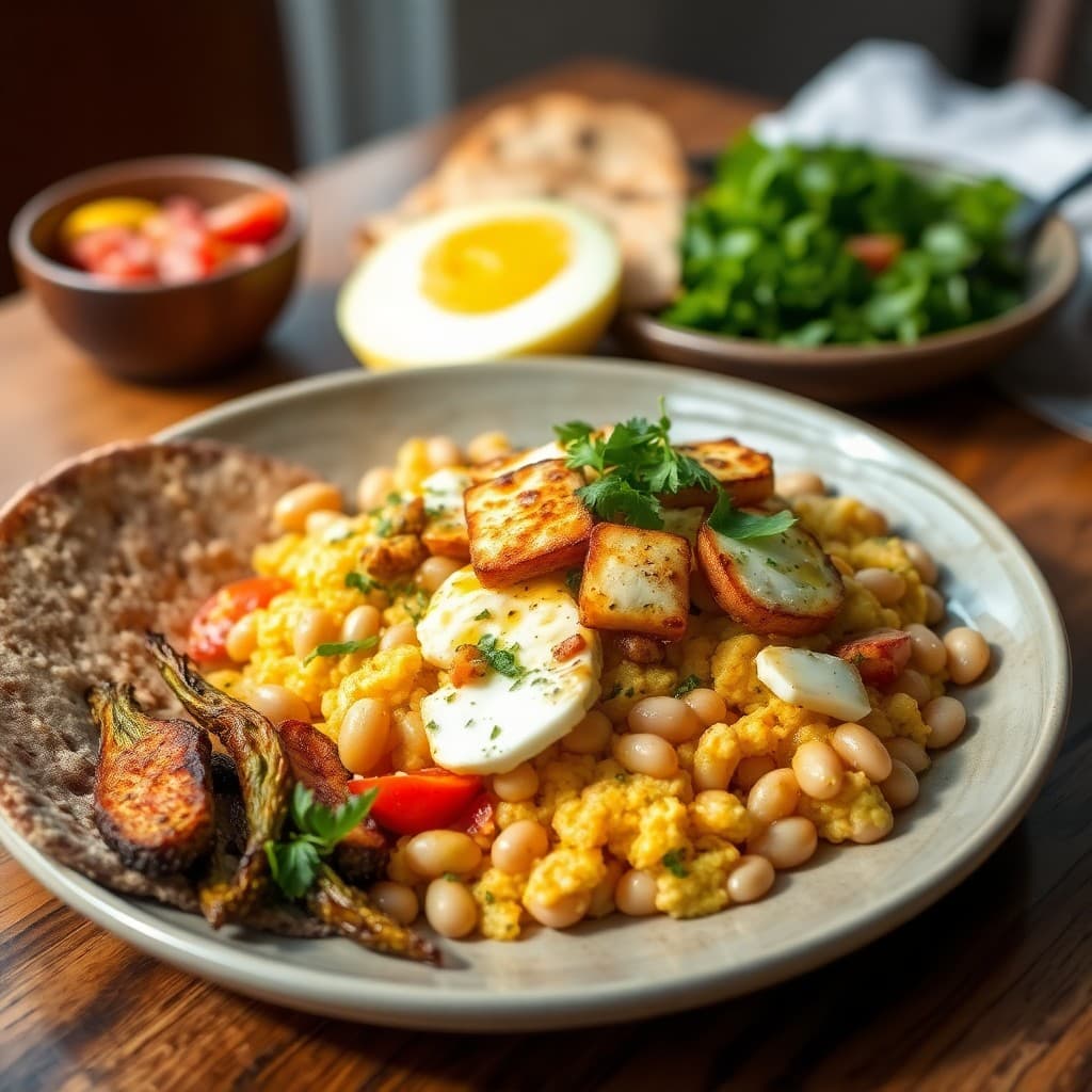 Turkish Menemen-Inspired Egg & White Bean Scramble with Charred Halloumi & Herb Oil