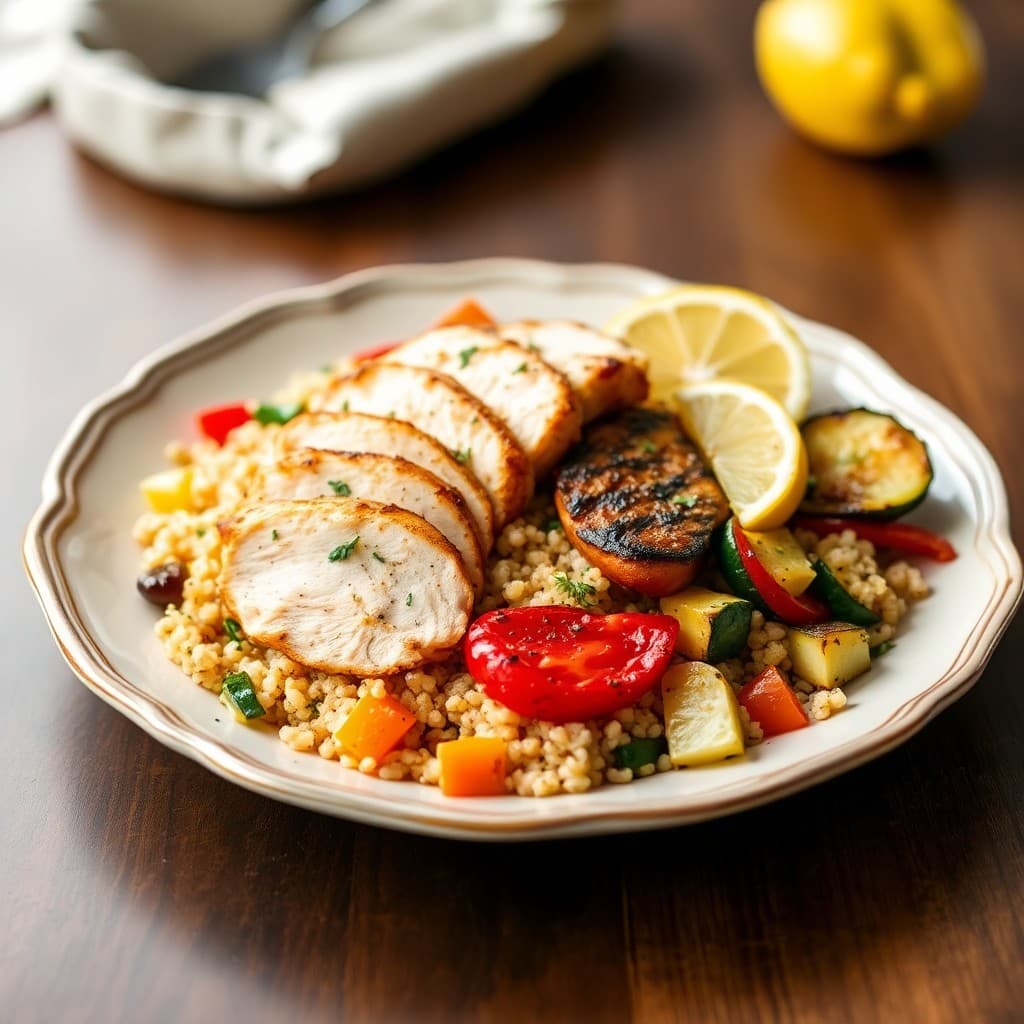 Grilled Lemon-Garlic Chicken Salad with Quinoa and Roasted Vegetables