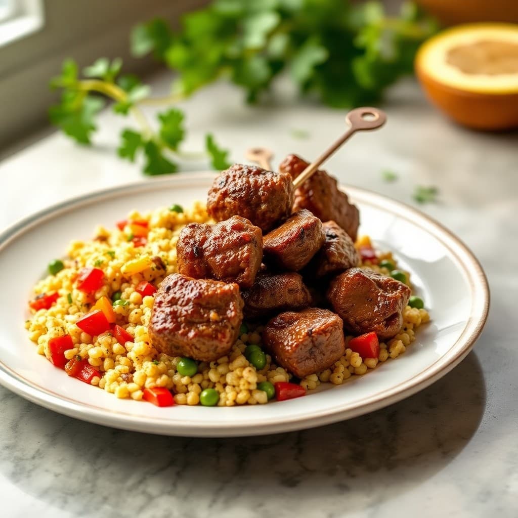 Spiced Moroccan Lamb Skewers with Roasted Veggie Couscous