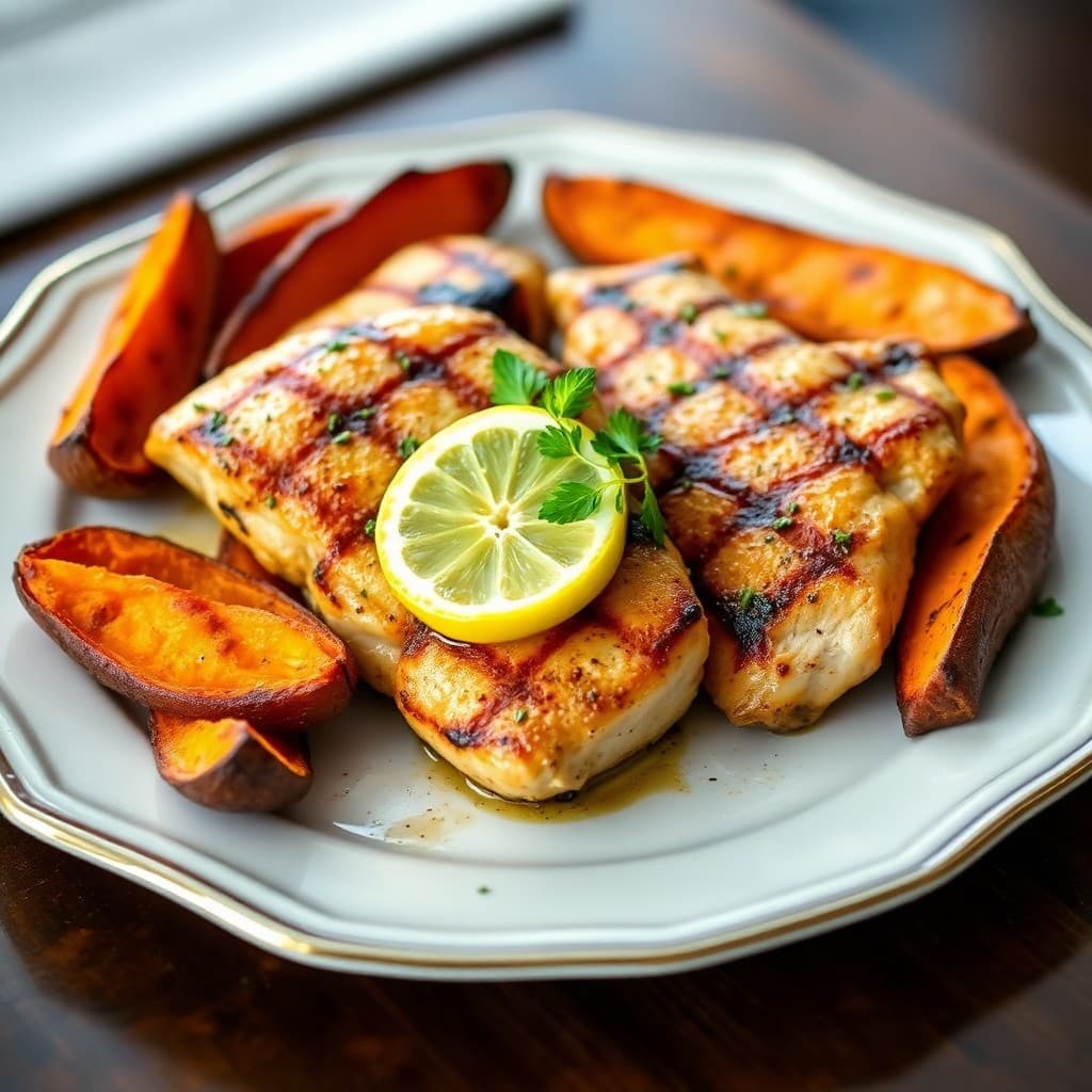 Grilled Lemon-Garlic Chicken with Roasted Sweet Potato Wedges