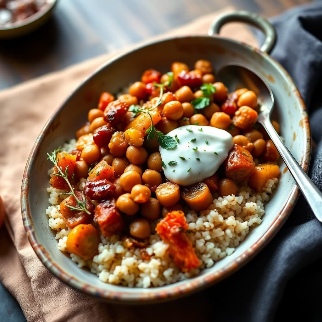 Moroccan-Spiced Chickpea Tagine with Herbed Couscous & Roasted Root Vegetables
