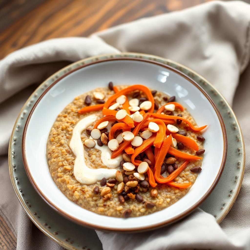 Moroccan Spiced Lentil & Millet Breakfast Porridge with Roasted Carrot Ribbons & Tahini Swirl
