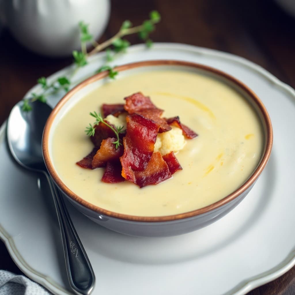 Roasted Cauliflower and Garlic Soup with Crispy Bacon