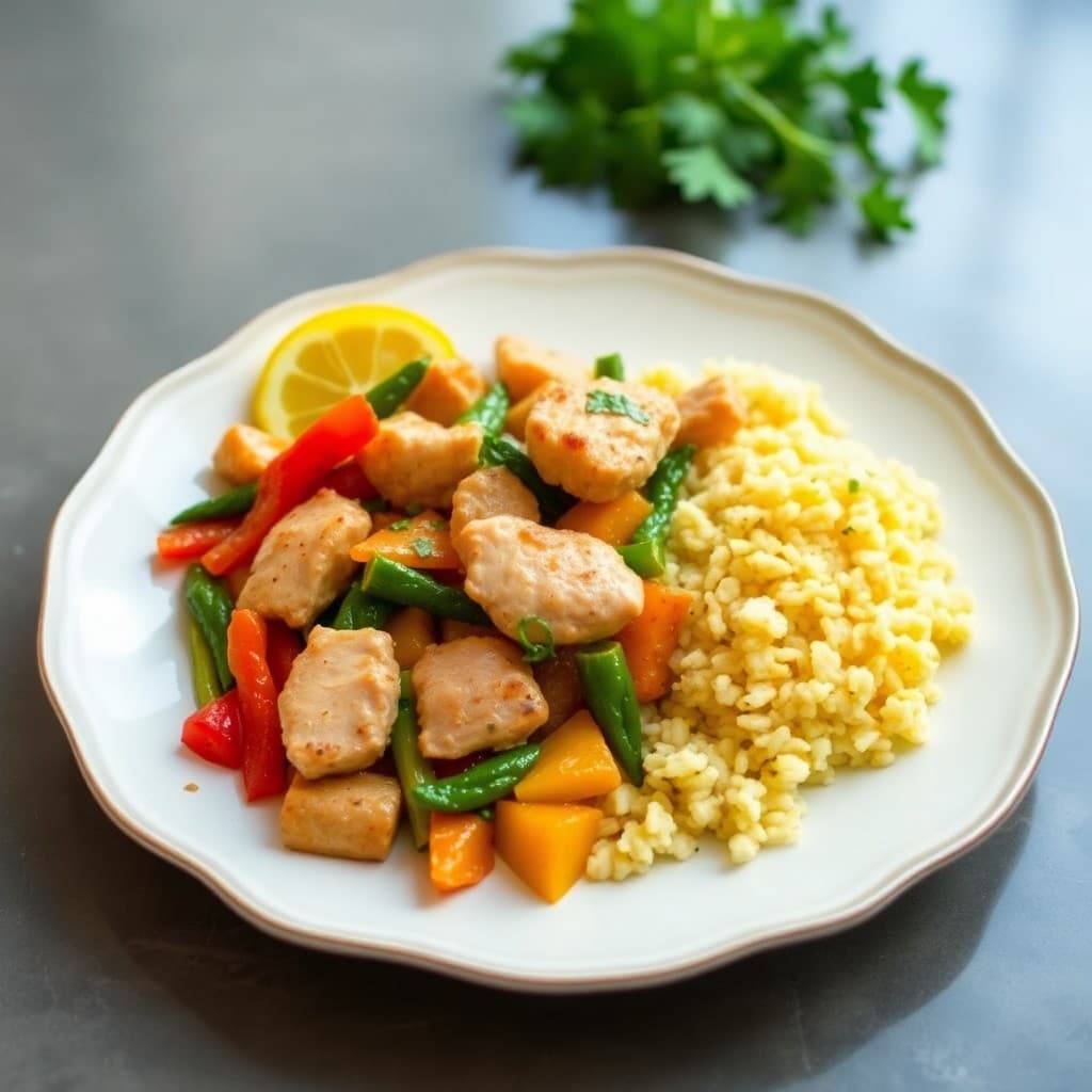 Zesty Lemon Garlic Chicken Stir-Fry with Ginger-Turmeric Cauliflower Rice