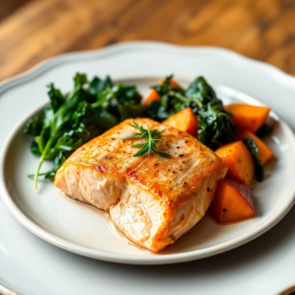 Roasted Salmon with Baked Sweet Potatoes and Sautéed Kale