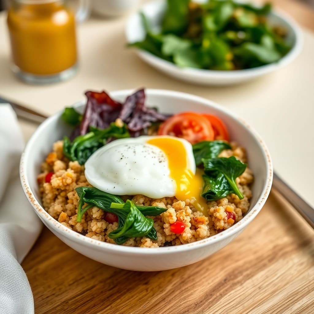 Vibrant Breakfast Quinoa Bowl with Sautéed Greens and Poached Eggs