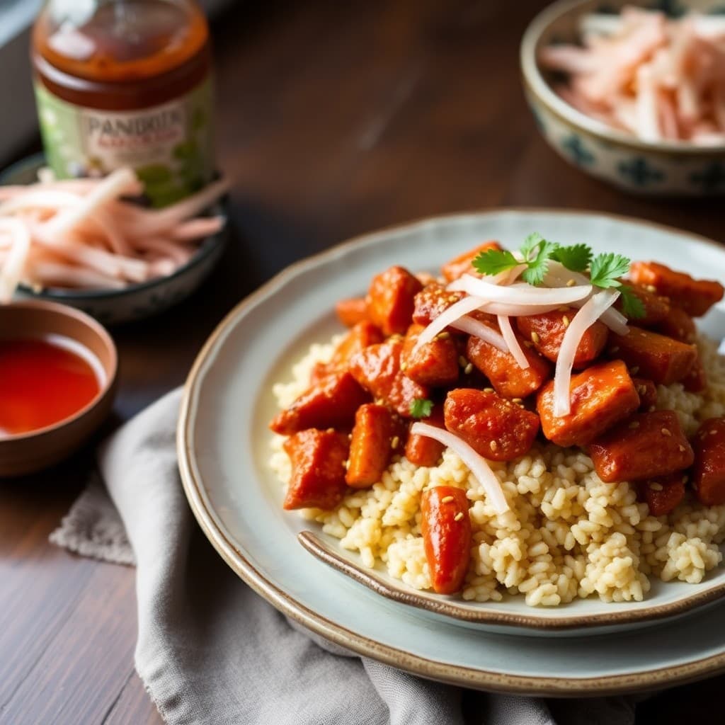 Korean-Inspired Gochujang Seitan & Millet Stir-Fry with Pickled Daikon Slaw