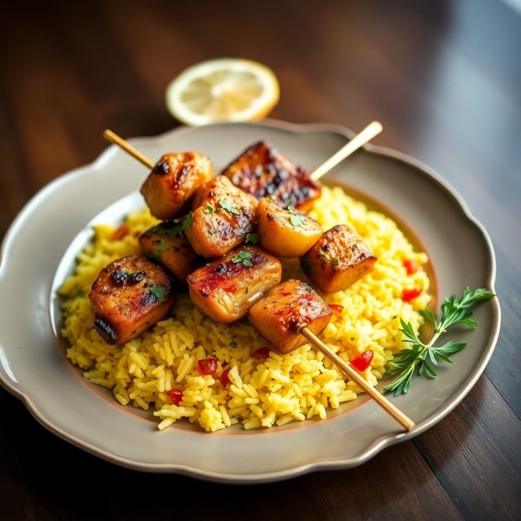 Zesty Spanish Chicken Skewers with Saffron Rice