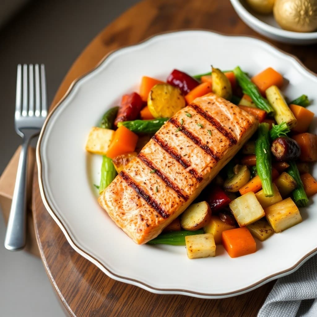 Roasted Autumn Vegetable Medley with Grilled Salmon