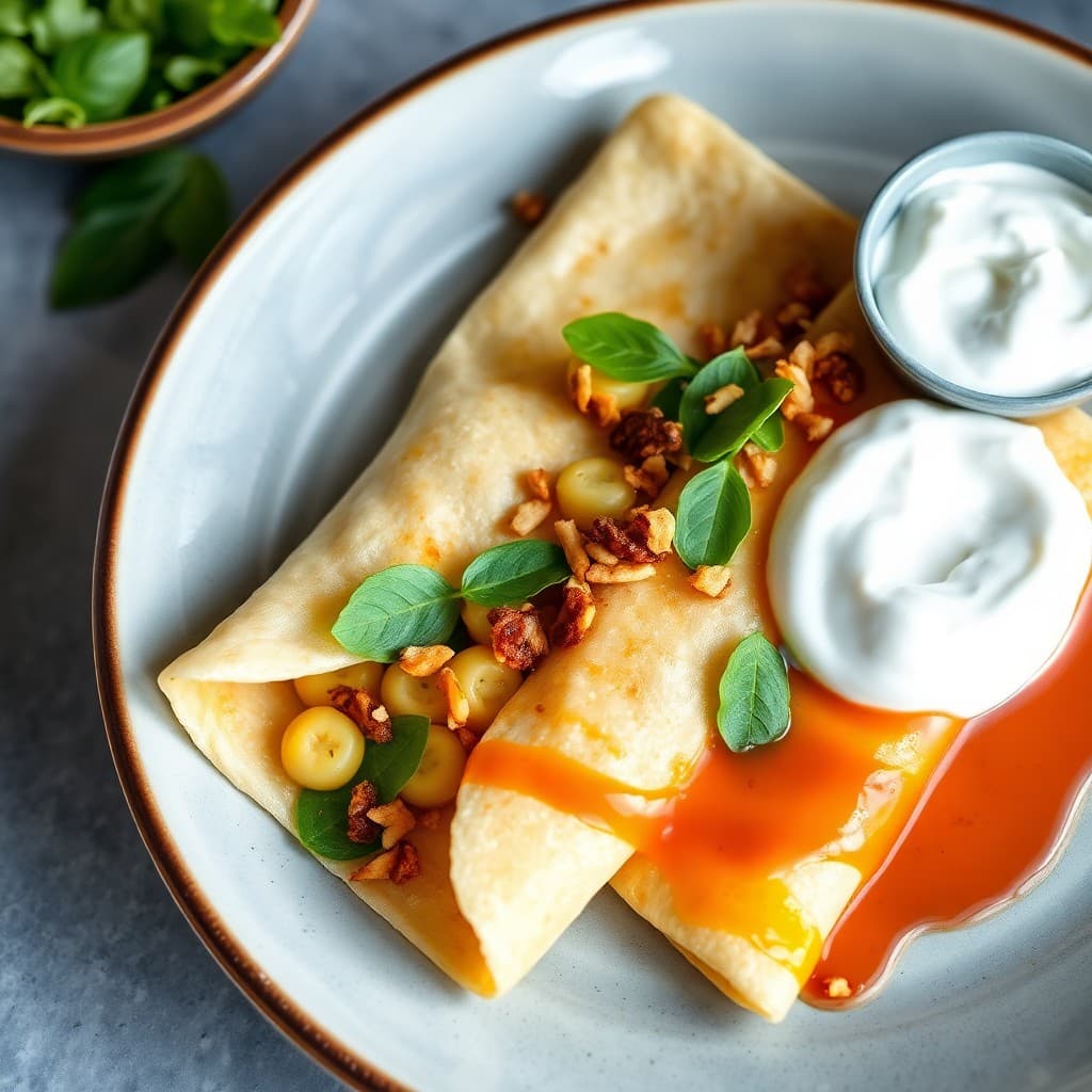 Thai Basil Egg Crepes with Sriracha Yogurt and Crispy Shallots