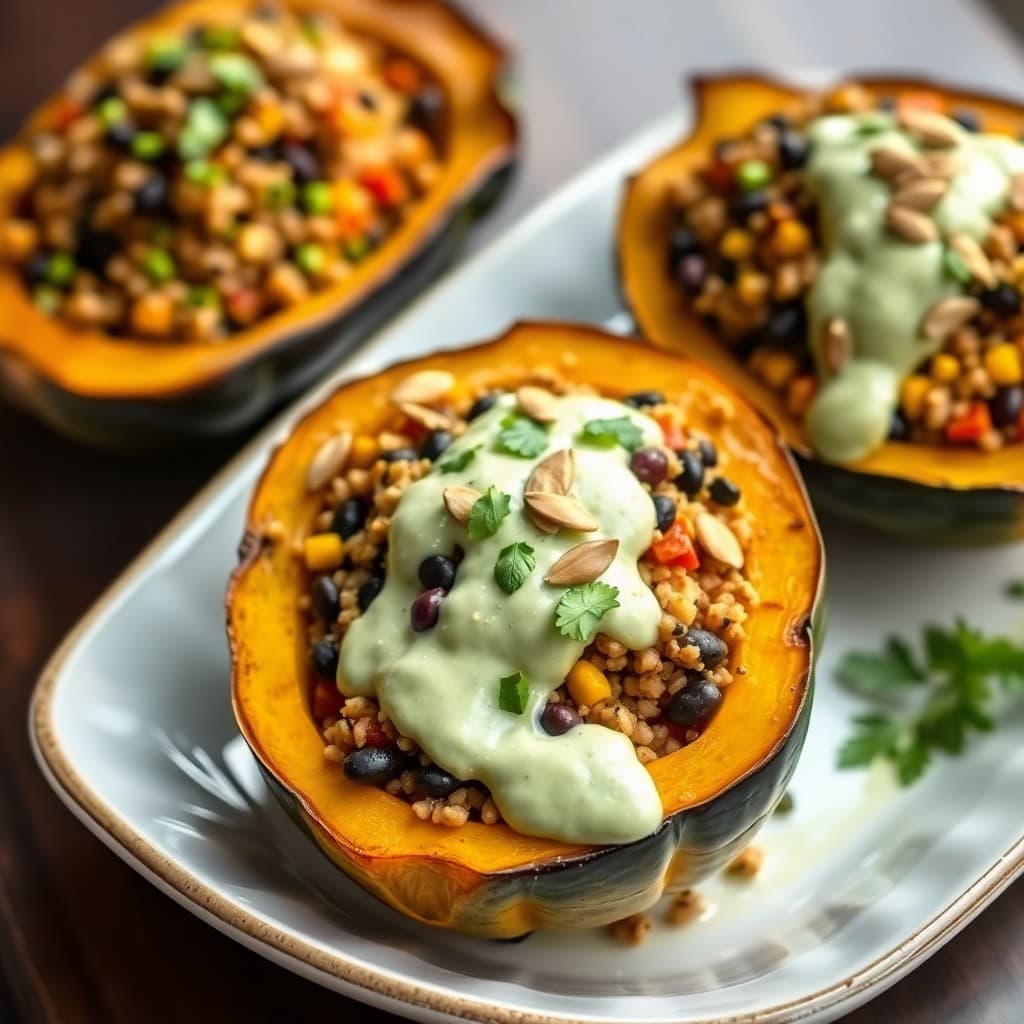Peruvian Quinoa & Black Bean Stuffed Acorn Squash with Cilantro-Lime Crema