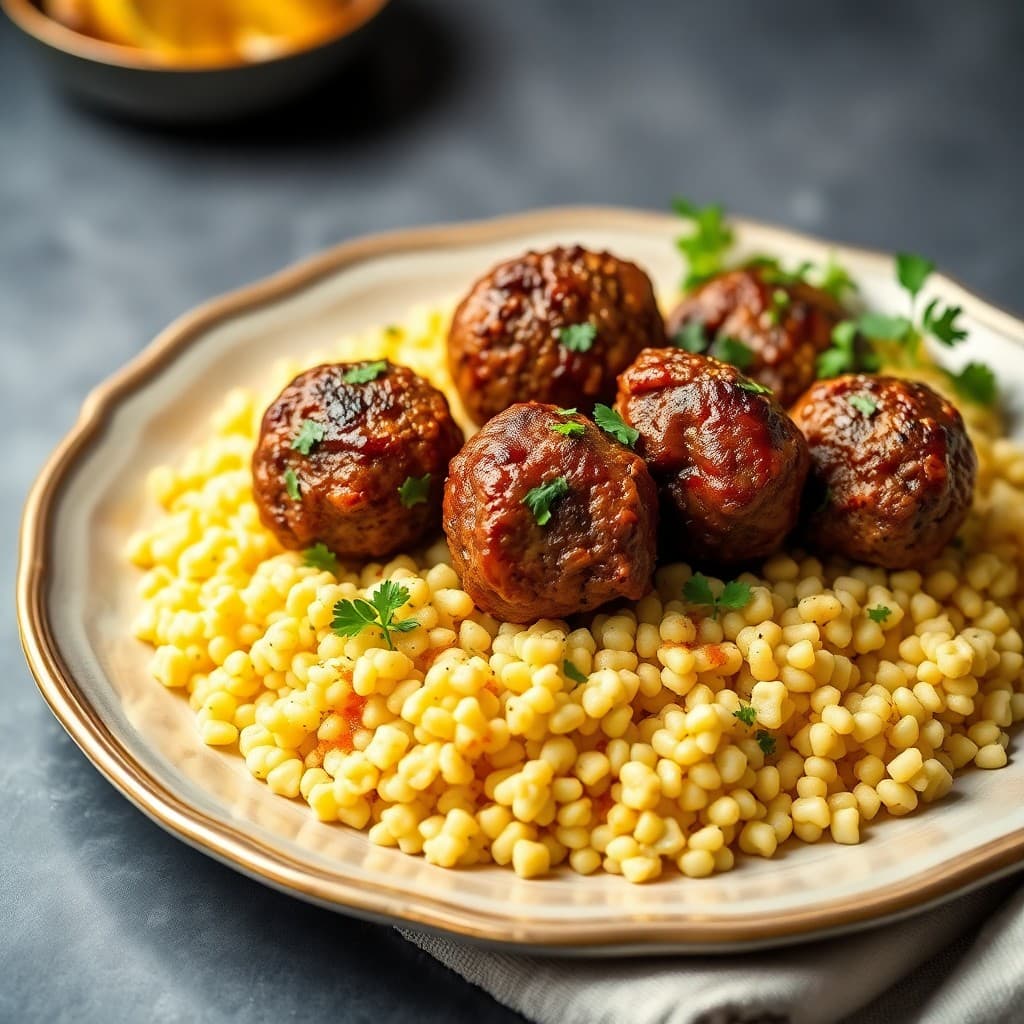 Moroccan Spiced Lamb Meatballs with Lemon Garlic Couscous